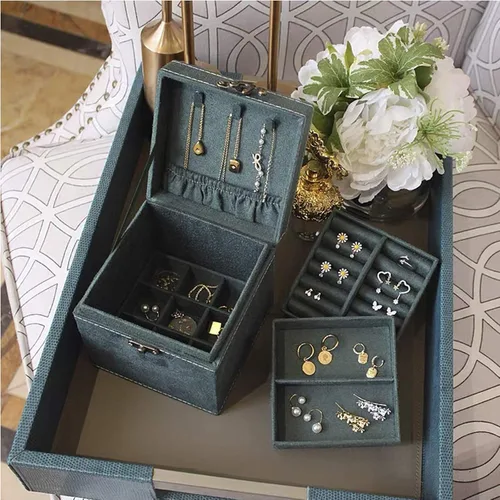 Vista 6 de Lemonadeus Organizador de joyas retro de terciopelo de 3 capas para mujeres y niñas pequeño joyero de viaje portátil aretes collares pulseras
