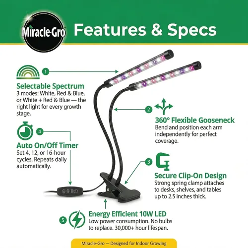 Vista 2 de Miracle-Gro, Luz de cultivo para plantas de interior – LED de 10 W, flexible de 2 cabezales, espectro seleccionable para plantas