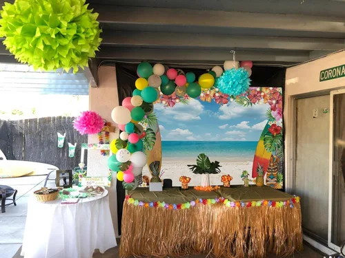 Vista 4 de Fondo de playa hawaiana para verano, cielo, océano, palmera tropical, tabla de surf, fondo de fotografía, baby shower, decoración de fiesta