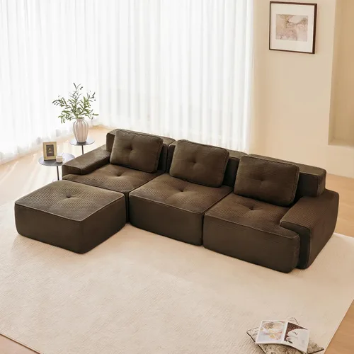 Vista 69 de Sofá moderno comprimido sin armazón de 116", sofás seccionales de 3 plazas para sala de estar, sofá seccional modular de pana verde nube, espuma