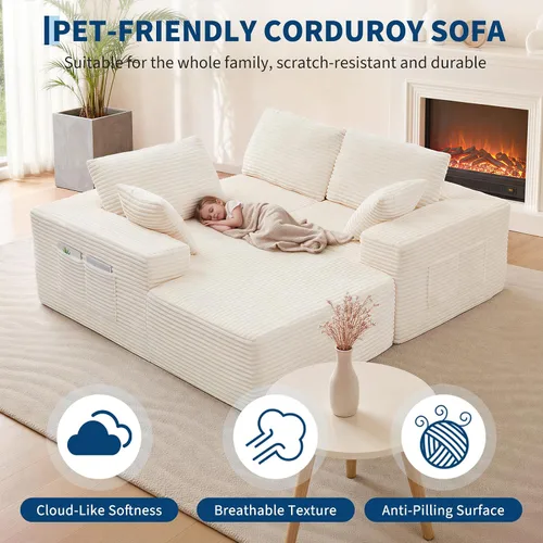 Vista 3 de Sofá modular de pana de 3 plazas sin hueso de 110 pulgadas para sala de estar, sofá modular de pana de 3 plazas con diván, sofás sin hueso de gran