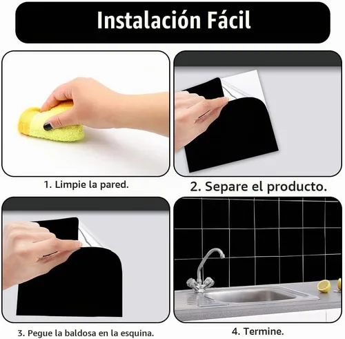 Vista 4 de Adhesivos para azulejos, 50 unidades, autoadhesivas, de 6 x 6 pulgadas, impermeable, a prueba de aceite, extraíble para decoración del hogar de Negro