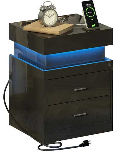 Vista 8 de ChooChoo Mesita de noche LED con estación de carga, mesita de noche inteligente con almacenamiento superior deslizante, mesa de noche de alto brillo