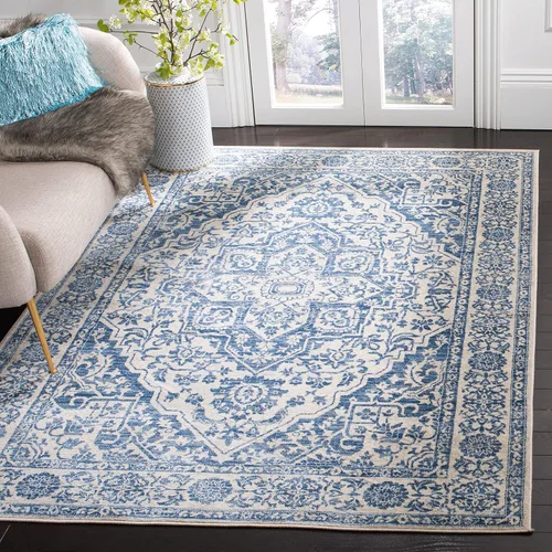 Vista 26 de Safavieh - Alfombra de 2 x 4 pies de la colección Brentwood color marfil y azul marino, alfombra que no suelta pelusas con diseño desgastado