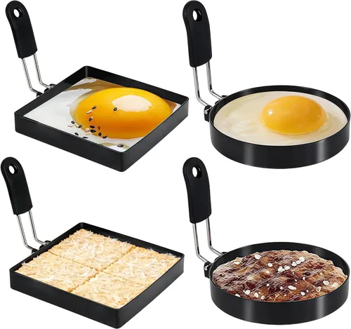 Vista 8 de Anillos de huevo para freír huevos, 3.5 pulgadas de acero inoxidable, para panqueques ingleses, magdalenas, con mango de silicona