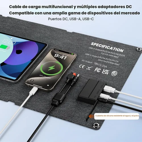 Vista 5 de SOKIOVOLA Paneles Solares Portátiles de 60W NextGen Kit de Cargador de Panel Solar Plegable 25% de Eficiencia con Salida DC USB-C USB-A ETFE IP68 60