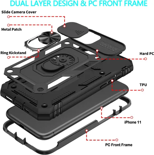 Vista 6 de Funda para iPhone 11, funda para iPhone 11 con 3 protectores de pantalla de vidrio templado, soporte de anillo integrado + cubierta de cámara