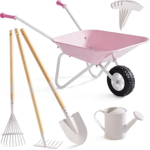 Vista 10 de ROBUD Herramientas de jardinería para niños, juego de juguetes al aire libre con carretilla para niños, 9 piezas de carretilla de metal para niños