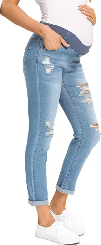 Vista 4 de Foucome Jeans de maternidad para mujer, jeans rasgados elásticos con bolsillos
