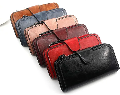 Vista 6 de Cartera de cuero para mujer, monedero de embrague para tarjetas de crédito, soporte para monedas, plegable, Cera de Aceite Marrón, Classic