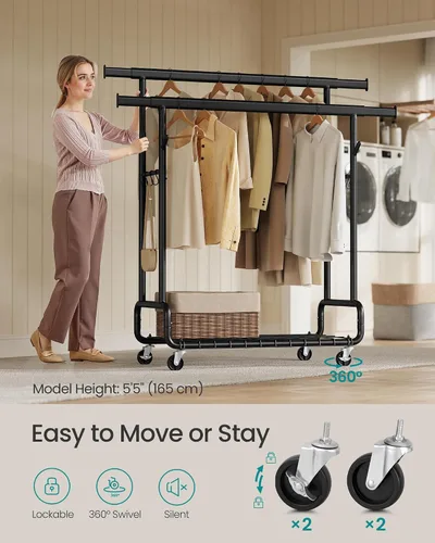 Vista 7 de SONGMICS Perchero de Ropa, Perchero de Ropa Rodante de Servicio Pesado con Ruedas, Barras Colgantes Dobles Extensibles y Altura Ajustable, Portátil