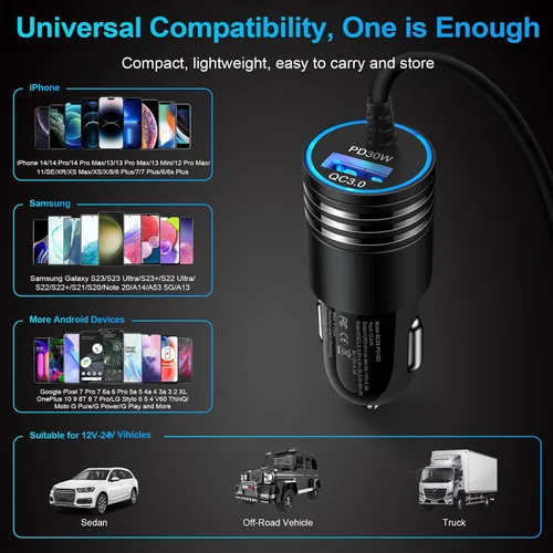 Vista 7 de Cargador de Coche Súper Rápido de 48W USB C Adaptador de Coche Rápido Android con Cable de Carga Rápida Tipo C de 30W Integrado para Samsung Galaxy