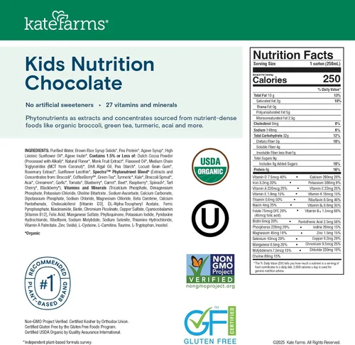 Vista 6 de KATE FARMS Batido de nutrición orgánica para niños, chocolate, 0.28 oz de proteína, 27 vitaminas y minerales, reemplazo de comida, sin gluten, sin