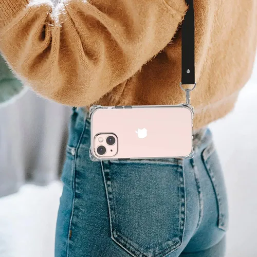 Vista 6 de Funda transparente para iPhone 13 con correa cruzada ajustable desmontable, ajuste delgado, funda protectora a prueba de golpes con cordón de hombro