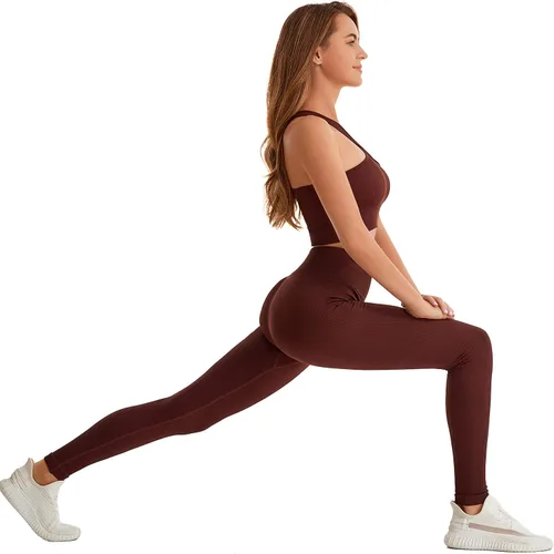 Vista 7 de Yknktstc Conjuntos de entrenamiento para mujer, brasier deportivo acanalado sin costuras, traje de 2 piezas, cintura alta, gimnasio, yoga, leggings