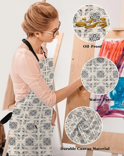 Vista 4 de Waterproof Apron with 2 Pockets, Vintage Middle Agesl Floral Text Pattern Adjustable Man and Women Kitchen Bib Apron for Baking Cooking Restaurant