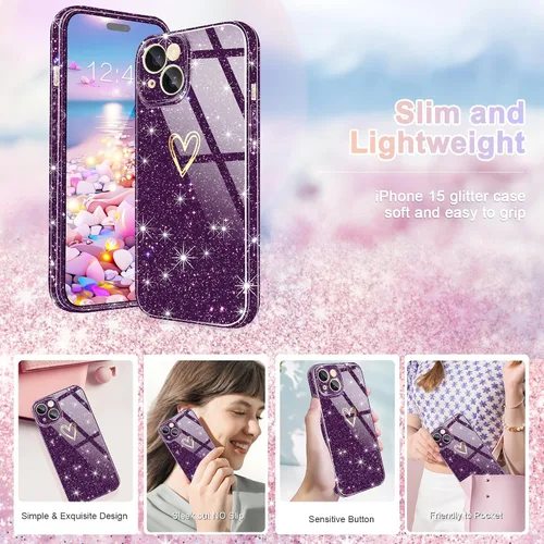 Vista 6 de Funda para iPhone 15, purpurina transparente con [1 protector de pantalla de vidrio templado] Funda protectora delgada y suave de silicona