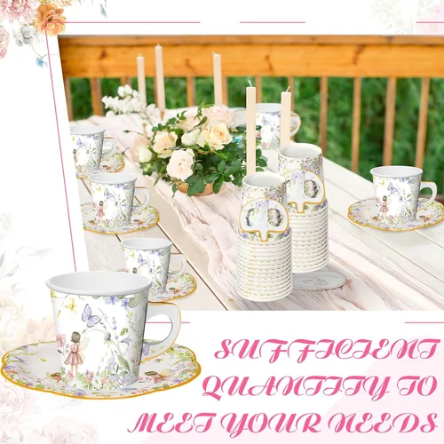 Vista 5 de Umigy 60 juegos de decoraciones para fiestas de té, 6.5 onzas, tazas de té de papel floral de hadas con asa y platos, juegos de tazas de té y Azul
