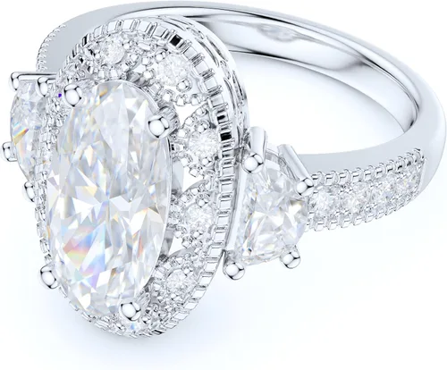 Vista 3 de PRSTANI Anillo de compromiso de plata de ley con halo de diamantes de imitación de milgrain de 3 quilates, corte ovalado y media luna, Metal