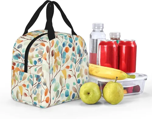 Vista 6 de Giwawa Bolsa de almuerzo aislada con hojas coloridas de acuarela, color gris, amarillo, con flores silvestres, reutilizable, térmica, impermeable