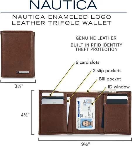 Vista 18 de Nautica Men's Trifold Wallet RFID Blocking Protection ID Window Card Slots Genuine Leather Durable