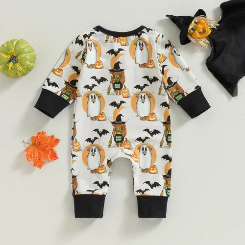 Vista 3 de Wrrkayly Ropa de Halloween para bebés niños y niñas, recién nacidos, manga larga, con capucha, mameluco de calabaza, fantasma, con cremallera