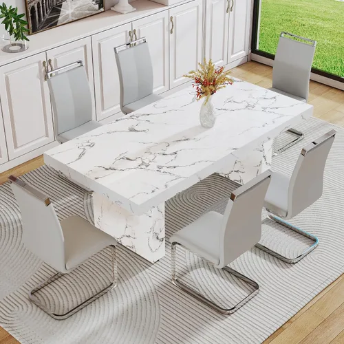 Vista 37 de gopop Mesa de comedor de mármol de 63 pulgadas, tablero de mesa de comedor MDF con patrón de mármol y base para cocina y comedor.