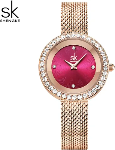 Vista 7 de SHENGKE Reloj de mujer de lujo analógico de cuarzo de moda de cuarzo para mujer, reloj impermeable para mujer Relogio Feminino, K0169-rosa rojo