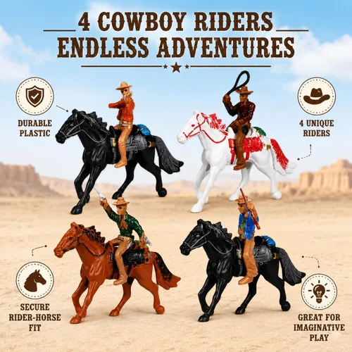 Vista 8 de Cowboy Toys Riding Horse Figurines: 4 piezas de figura de acción de vaquero Western Rodeo Toys - Figuras de caballos de plástico con jinete