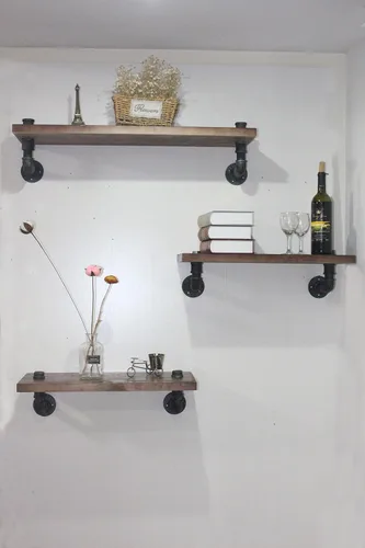 Vista 3 de Estantería industrial rústica moderna de madera con diseño de tubería para pared (24 x 10 pulgadas)