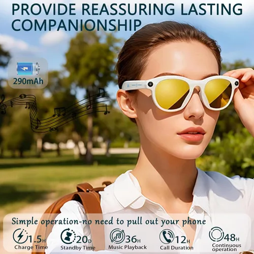 Vista 3 de Gafas Inteligentes con Cámara Gafas AI Gafas Bluetooth Lentes Reemplazables, Batería de 48H para Viajes, Conferencias y Vlogging. Traducción, Blanco