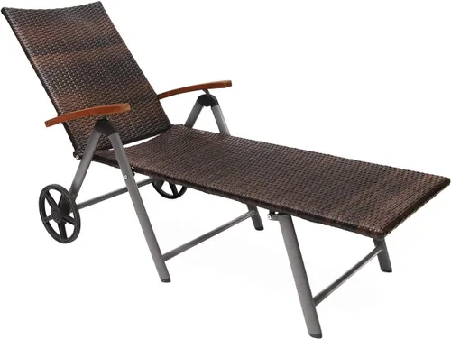 Vista 3 de Tangkula Tumbona de mimbre plegable con respaldo ajustable de aluminio de ratán reclinable con ruedas (mezcla marrón)