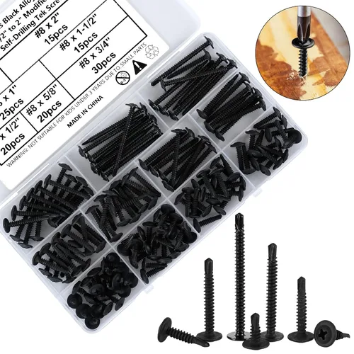 Vista 2 de Kit de surtido de 140 piezas de tornillos negros autoperforantes para metal, tornillos TEK autorroscantes de cabeza de armadura modificada de 8# x