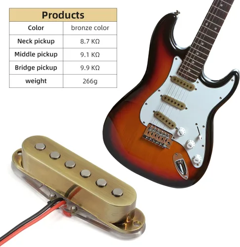 Vista 3 de Alnico 5 pastillas de guitarra, SSS Single Coil Pickups Guitar Neck/Middle/Bridge Pickup Cream para guitarra eléctrica Strat Squier (bronce)