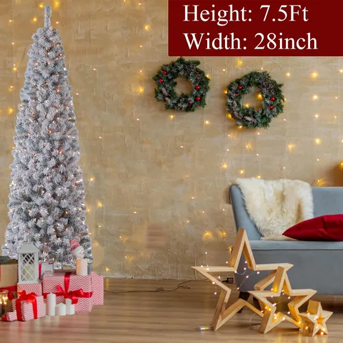 Vista 9 de Árbol de Navidad artificial de lápiz flocado con luces de 7.5 pies, árbol de Navidad preiluminado artificial con 350 luces transparentes, árboles