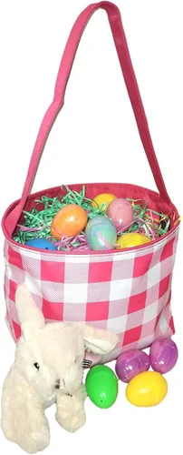 Vista 5 de Check Fabric Bucket Basket Bolsa de mano - Juguetes para niños - Pascua - Bebé - Puede ser personalizado Rosa (Pink Check)
