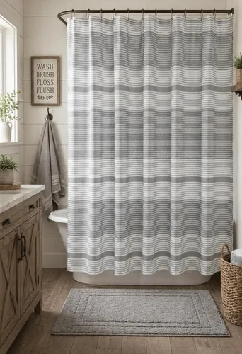 Vista 12 de Serafina Home Cortina de ducha de tela blanca y negra a rayas náuticas: hotel de lujo 100% algodón con tejido decorativo detallado para baño 70 "x