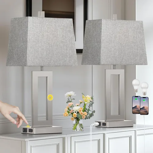 Vista 9 de Cinkeda Juego de 2 lámparas de mesa con puertos USB C+A y salida de CA, lámparas de noche, lámparas modernas para dormitorio, lámparas negras