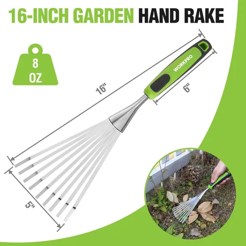 Vista 2 de WORKPRO Rastrillo de mano de 16", rastrillo de jardín de acero inoxidable resistente con mango suave, pequeña herramienta de mano de jardín