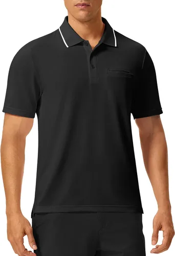 Vista 53 de Rdruko Camisas polo para hombre de manga corta, secado rápido, para golf y deportes al aire libre con bolsillo 01 Negro