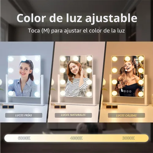 Vista 2 de Acoolda Espejo de tocador con luces, espejo de maquillaje Hollywood con 9 bombillas LED regulables, 3 modos de iluminación de color, aumento