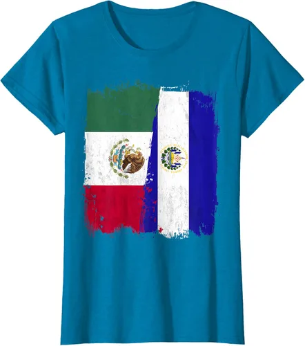 Vista 84 de Camiseta con la bandera mexicana de El Salvador con la mitad de la bandera mexicana de El Salvador
