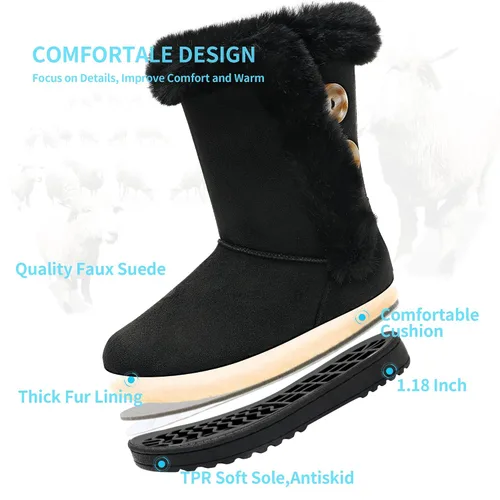 Vista 4 de Obtaom Botas de nieve de invierno para mujer, botas cortas de media pantorrilla, botas de moda de resina con botón de resina sintética para mujer