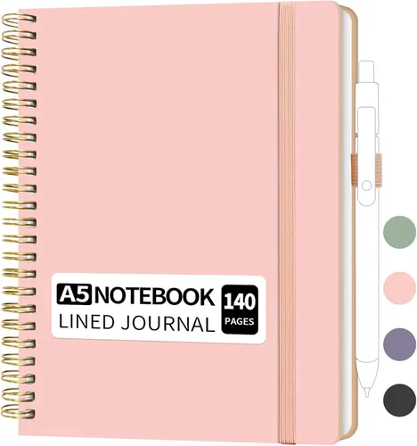 Vista 8 de YOXMJDB Cuaderno rayado en espiral, pequeño cuaderno de rayas universitarias A5 con soporte para bolígrafo, cuaderno de tapa dura de 140 páginas
