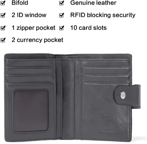 Vista 3 de BOSTANTEN - Billetera de cuero para mujer con bloqueo RFID, pequeña, con cremallera, de bolsillo, para tarjetas, con ventana para documento