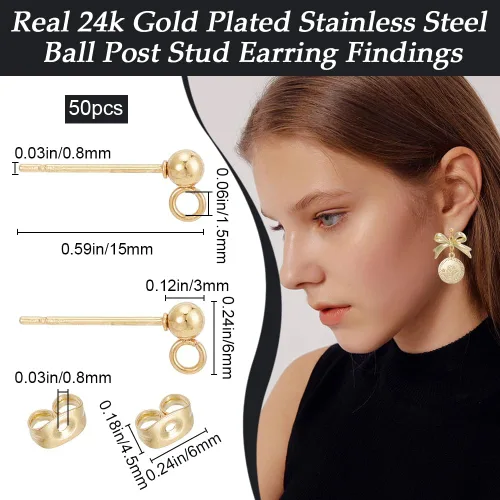 Vista 2 de Beebeecraft 50 aretes de bola de 0.118 pulgadas chapados en oro de 24 quilates de acero inoxidable con bucle, 50 piezas de respaldo, fabricación