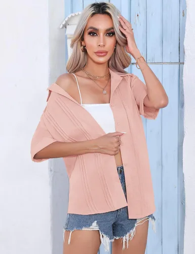 Vista 4 de VVK Camisas de lino y algodón de manga corta para mujer, estilo casual, cuello en V, plisadas, blusas casuales