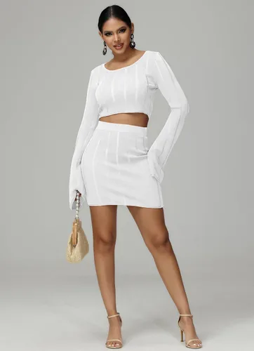 Vista 3 de Ekaliy Sexy Bodycon 2 Piece Outfits for Women Night Out Dresses with Knit Long Bell Sleeve Casual Outfits Dress