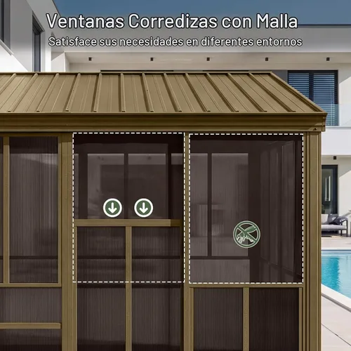 Vista 5 de Aoxun Solárium montado en la pared de 10 x 12 pies, solárium de aluminio cerrado inclinado a cenador con techo inclinado de acero galvanizado