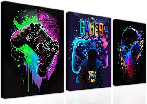 Vista 9 de Juego de Arte de Pared para Decoración de Sala de Juegos de 3 Piezas - Decoración de Pared de Control de Videojuegos para Gamers, Póster de Lienzo
